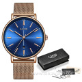Top Brand LIGE Women's Quartz Watches with Rose Gold Mesh Stainless Steel Band Charm Dress Ladies Wristwatch Luxury Watch 9922
